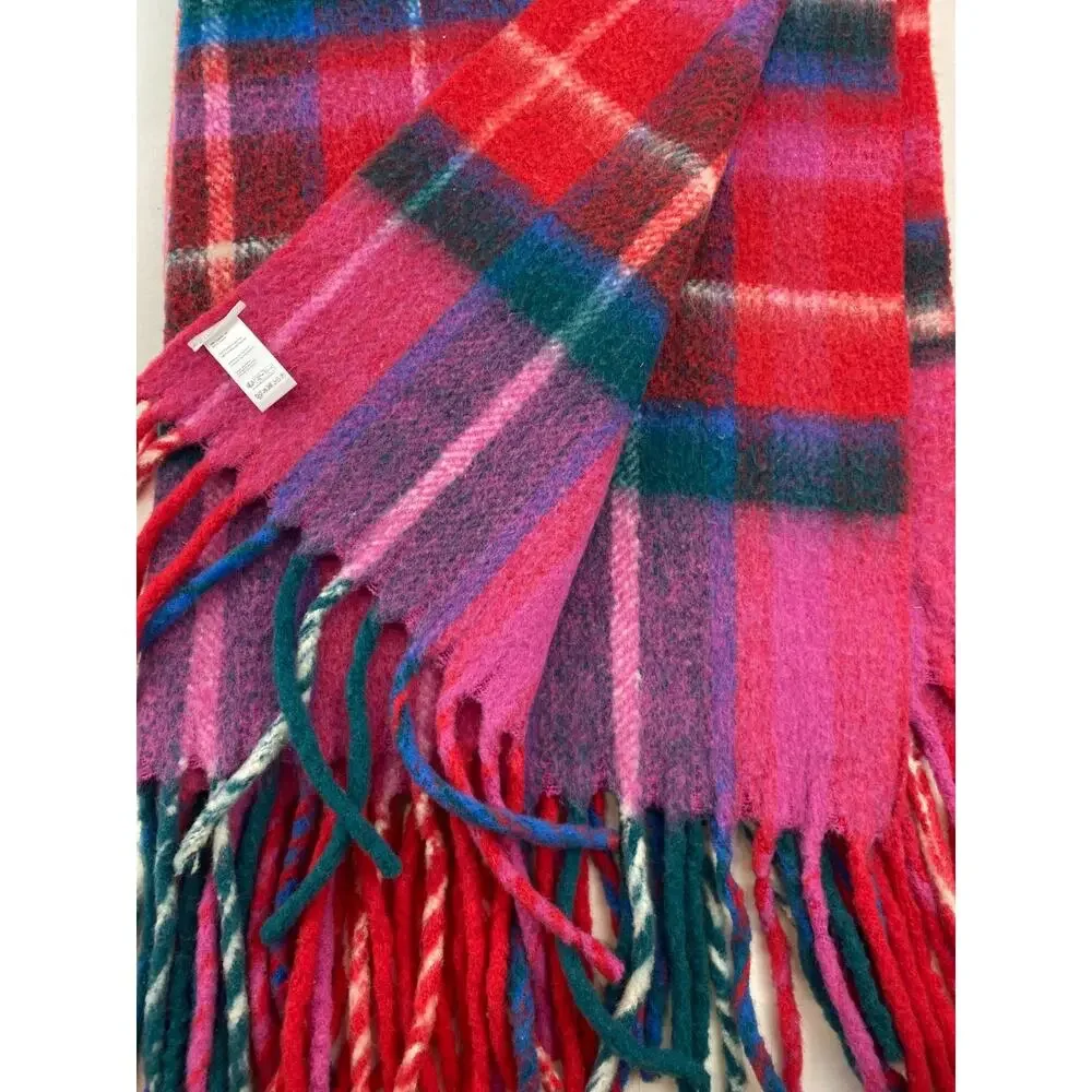 ANTHROPOLOGIE Blanket Tartan Wool Plaid Throw Fringed Red 50